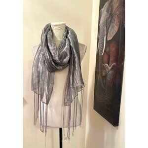 Metallic Silver Fringe Asymmetrical Scarf Wrap Stole Boho Chic L 70 X 20 Inches
